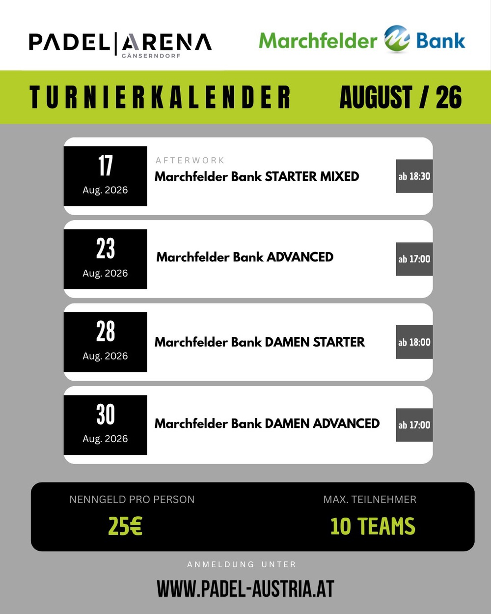 TURNIERKALENDER AUGUST 2026